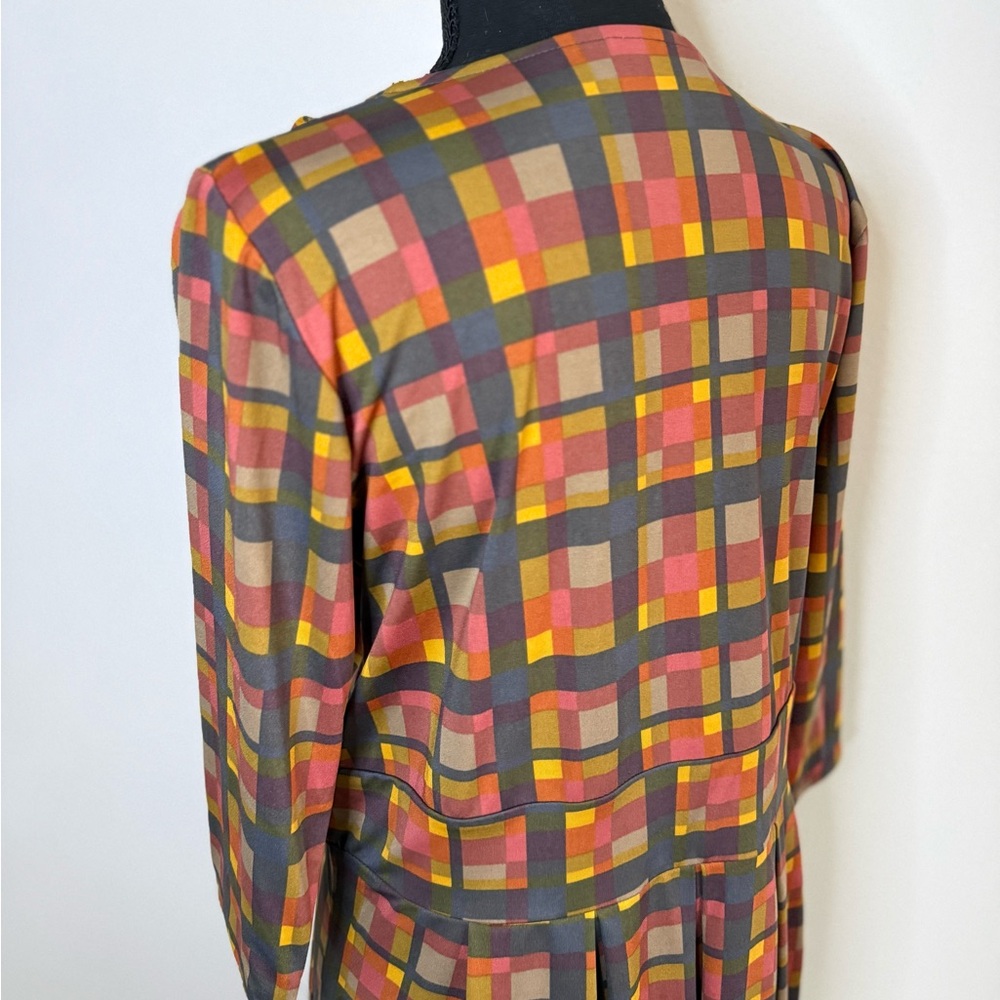 Karina Plaid Faux Wrap Dress Fall Colors Stretch Travel Dress M - Picture 5 of 12